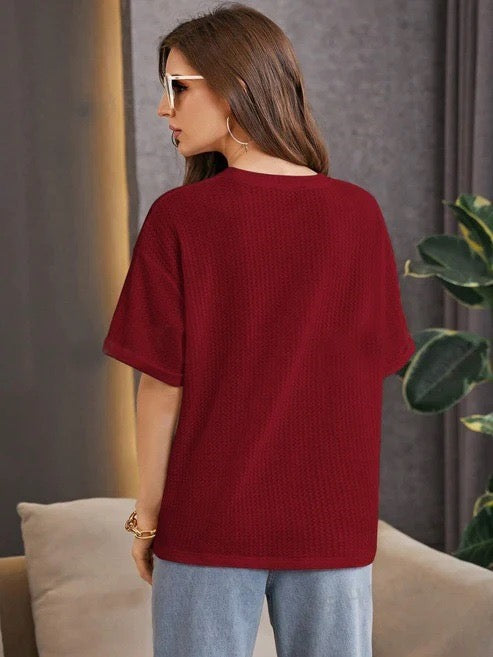 Premium Oversized Waffle Knitted Tee - Maroon