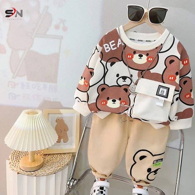 white Bear pocket Print Sweatshirt With Trouser For Kids (Rc-206)