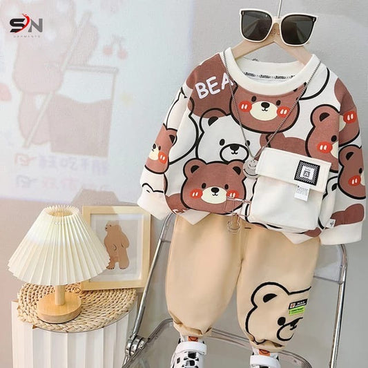 white Bear pocket Print Sweatshirt With Trouser For Kids (Rc-206)