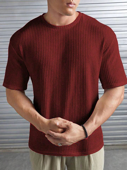 Oversized Waffle Knit Tee For Men - Maroon