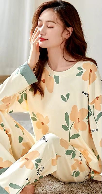 Orange flower printed night suit full sleeve