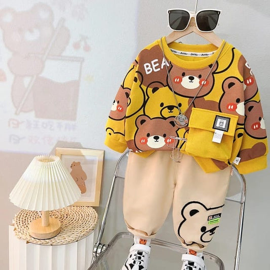 yellow Bear pocket Print Sweatshirt With Trouser For Kids (Rc-205)