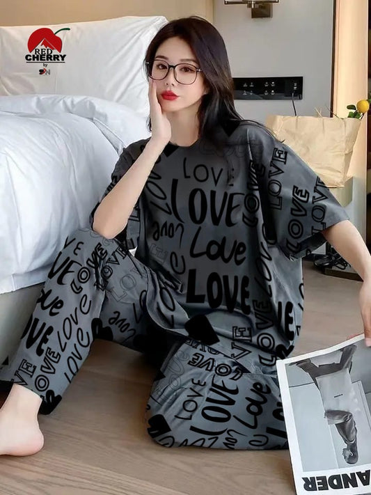 Gray big love printed night suit