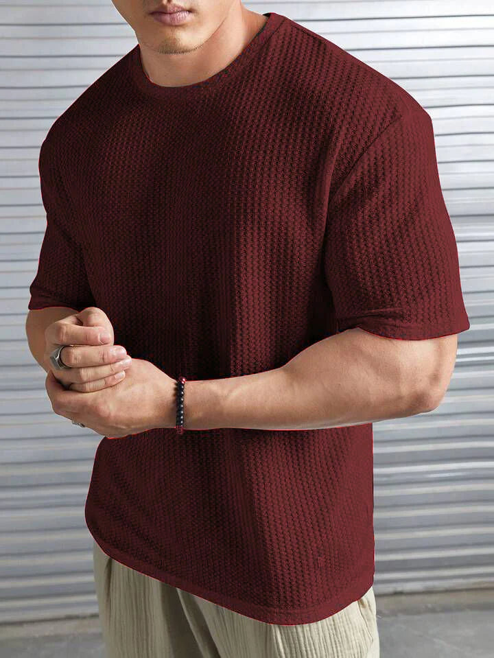 Oversized Waffle Knit Tee For Men - Maroon