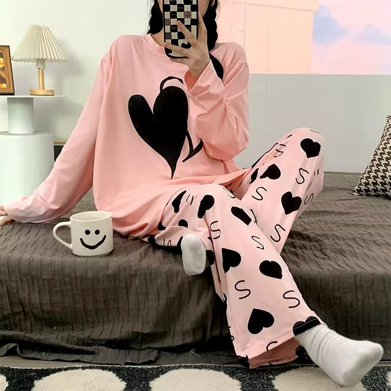 Pink double heart night suit full sleeve