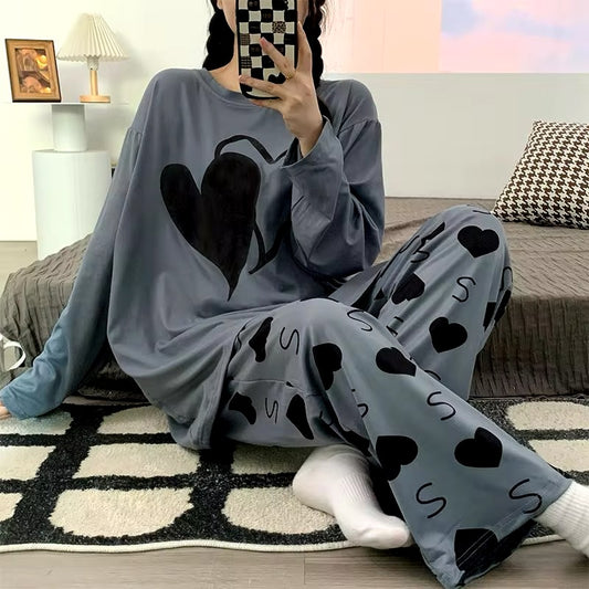 GREY BIG HEARTS PRINTED PJ SUIT FULL SLEEVES