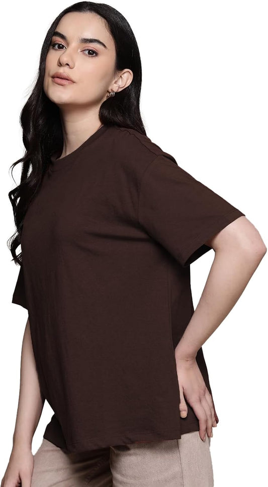 Drop Shoulder Oversized Tee For Women- brown