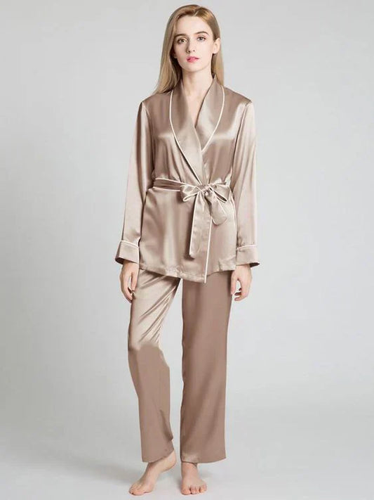 Beige Long Belted Silk Pj Set