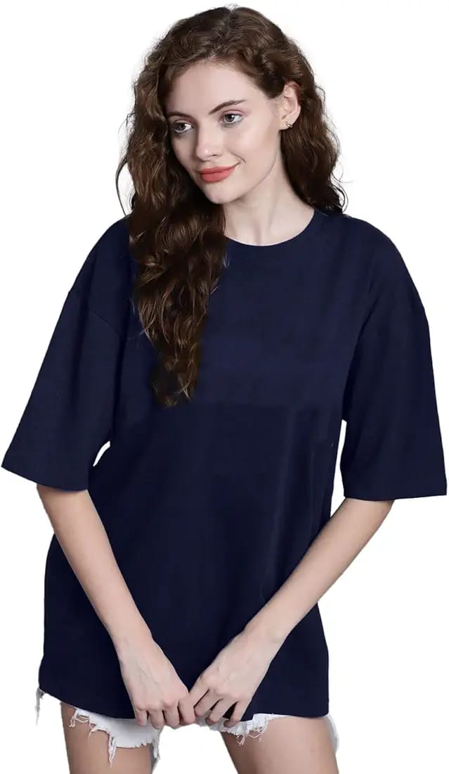 Drop Shoulder Oversized Tee For Women-Navy blue