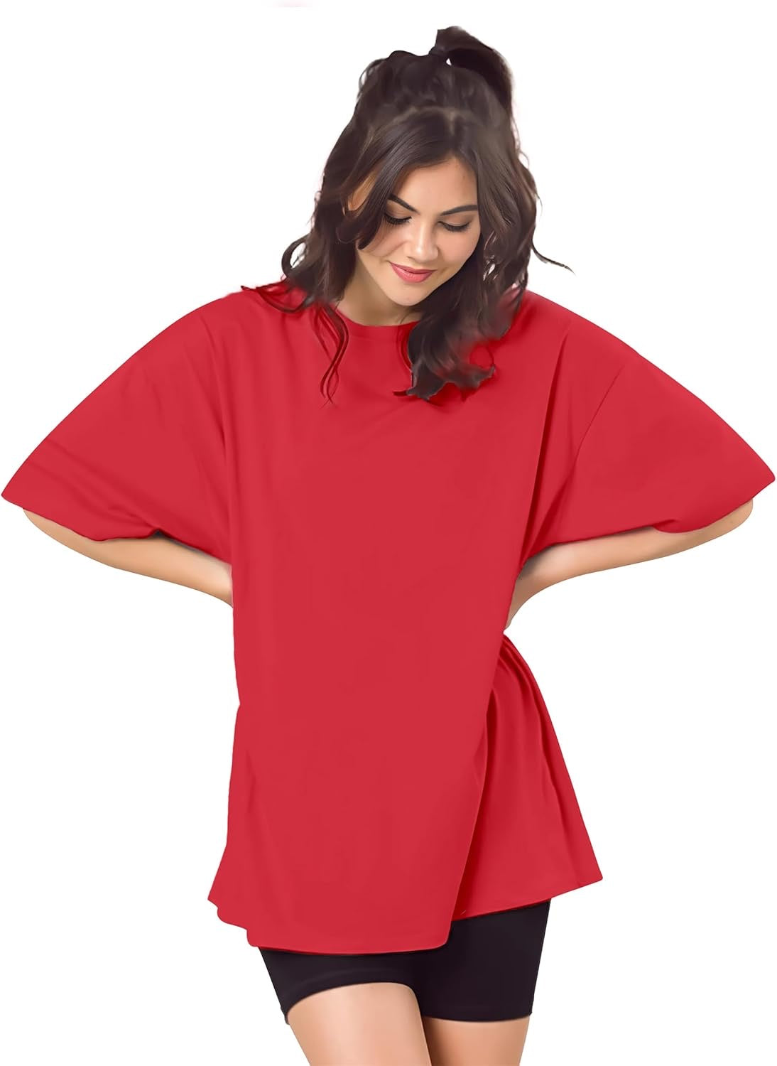 Drop Shoulder 
Oversized Tee For Women-Red