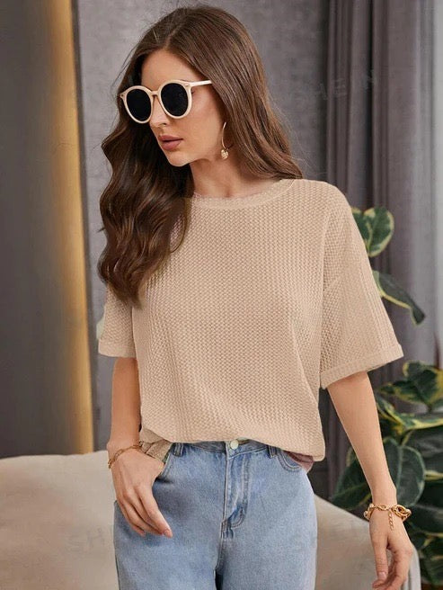 Premium Oversized Waffle Knitted Tee - Beige