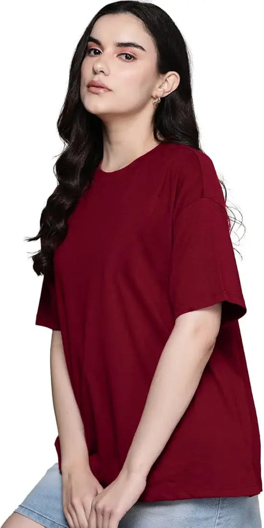 Drop Shoulder Oversized Tee For Women-Mehroon