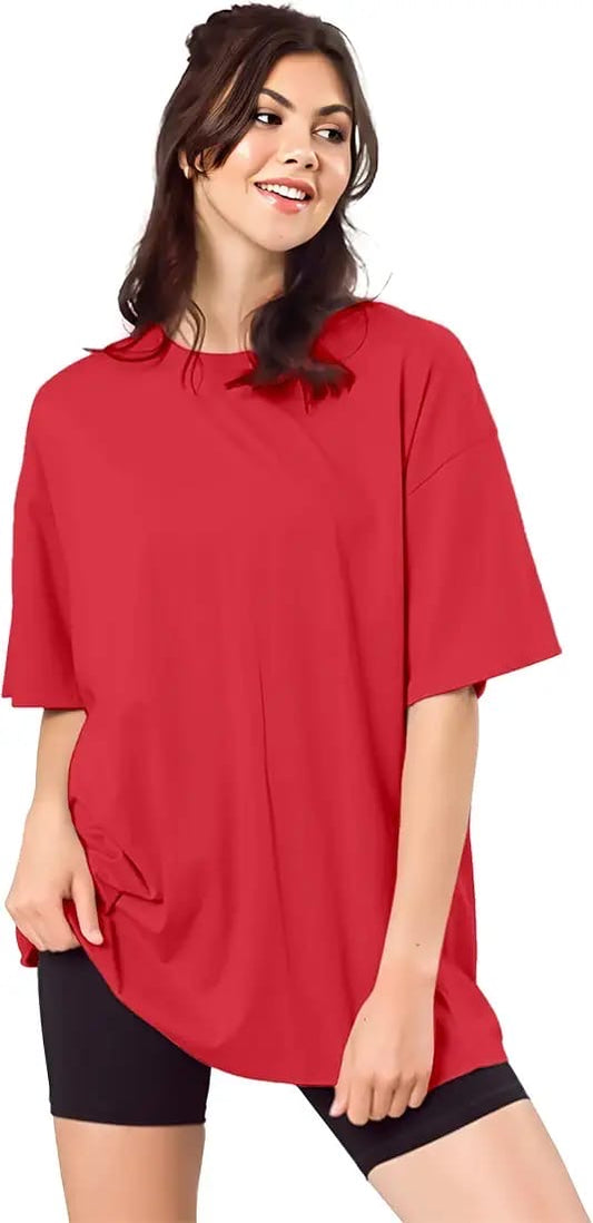 Drop Shoulder 
Oversized Tee For Women-Red