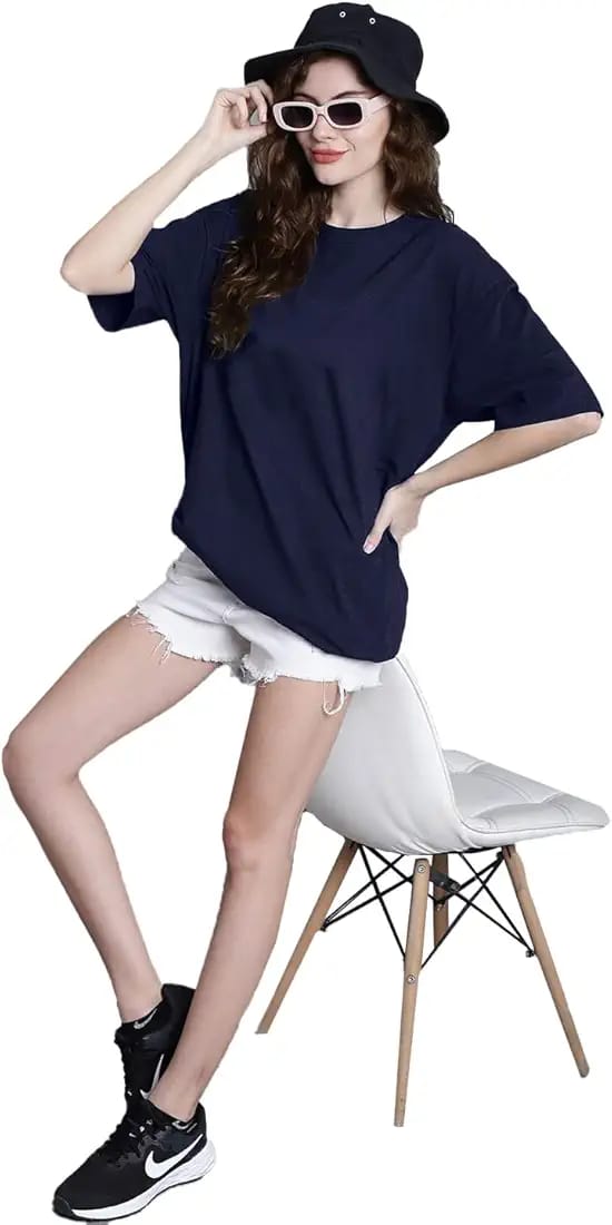 Drop Shoulder Oversized Tee For Women-Navy blue