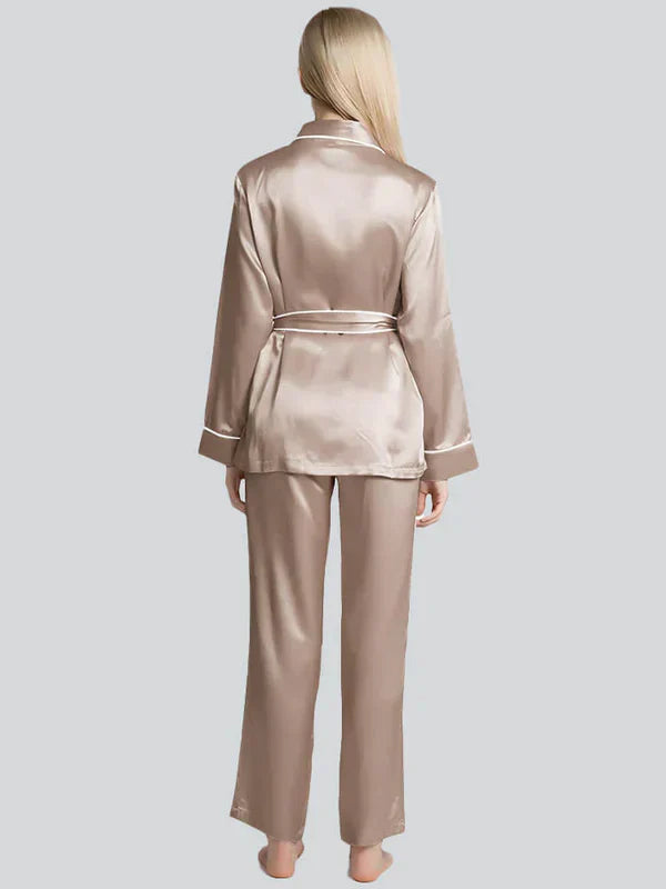 Beige Long Belted Silk Pj Set