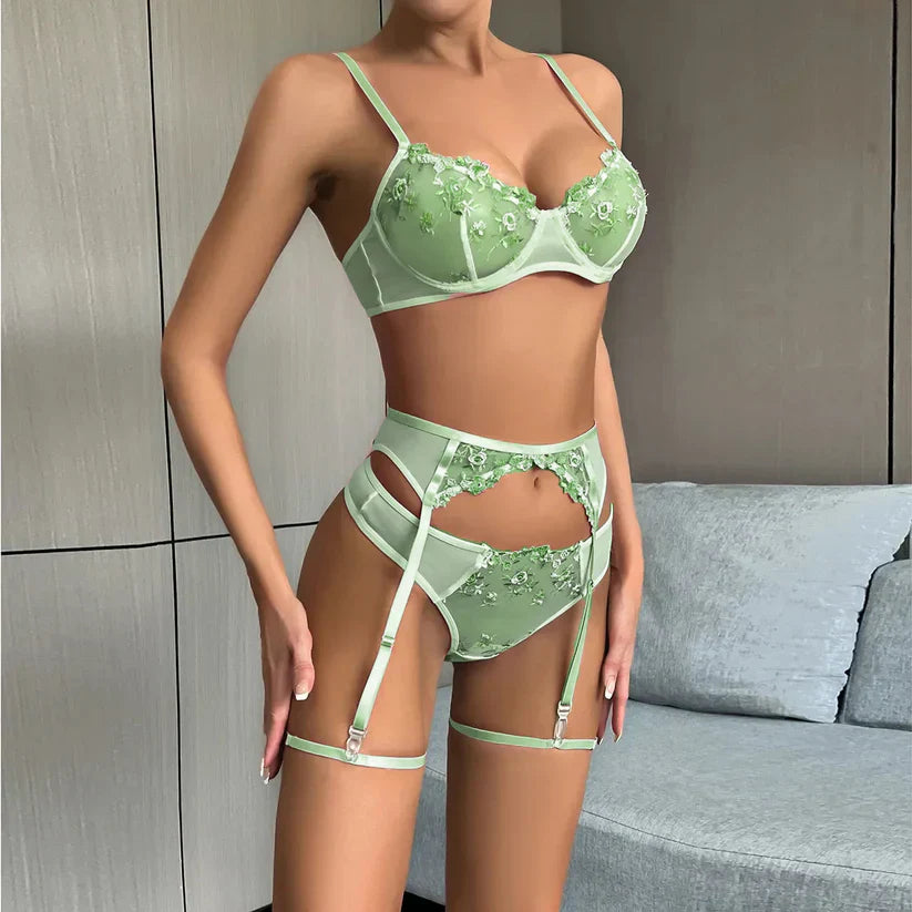 Sea Green Exquisite Flower Embroidery Bra and panty set