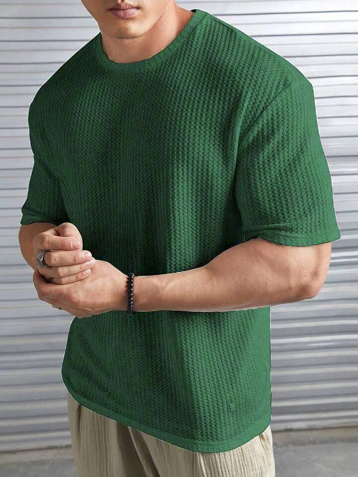 Oversized Waffle Knit Tee For Men - Bottle Green